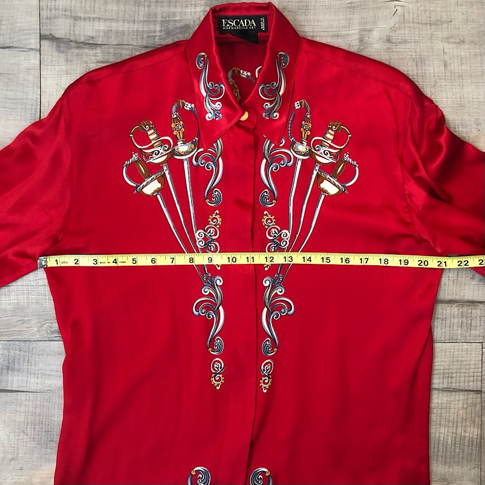 Vintage 1980s Designer Escada Red Sword Print Blouse 100% Silk Size Medium - Picture 8 of 9